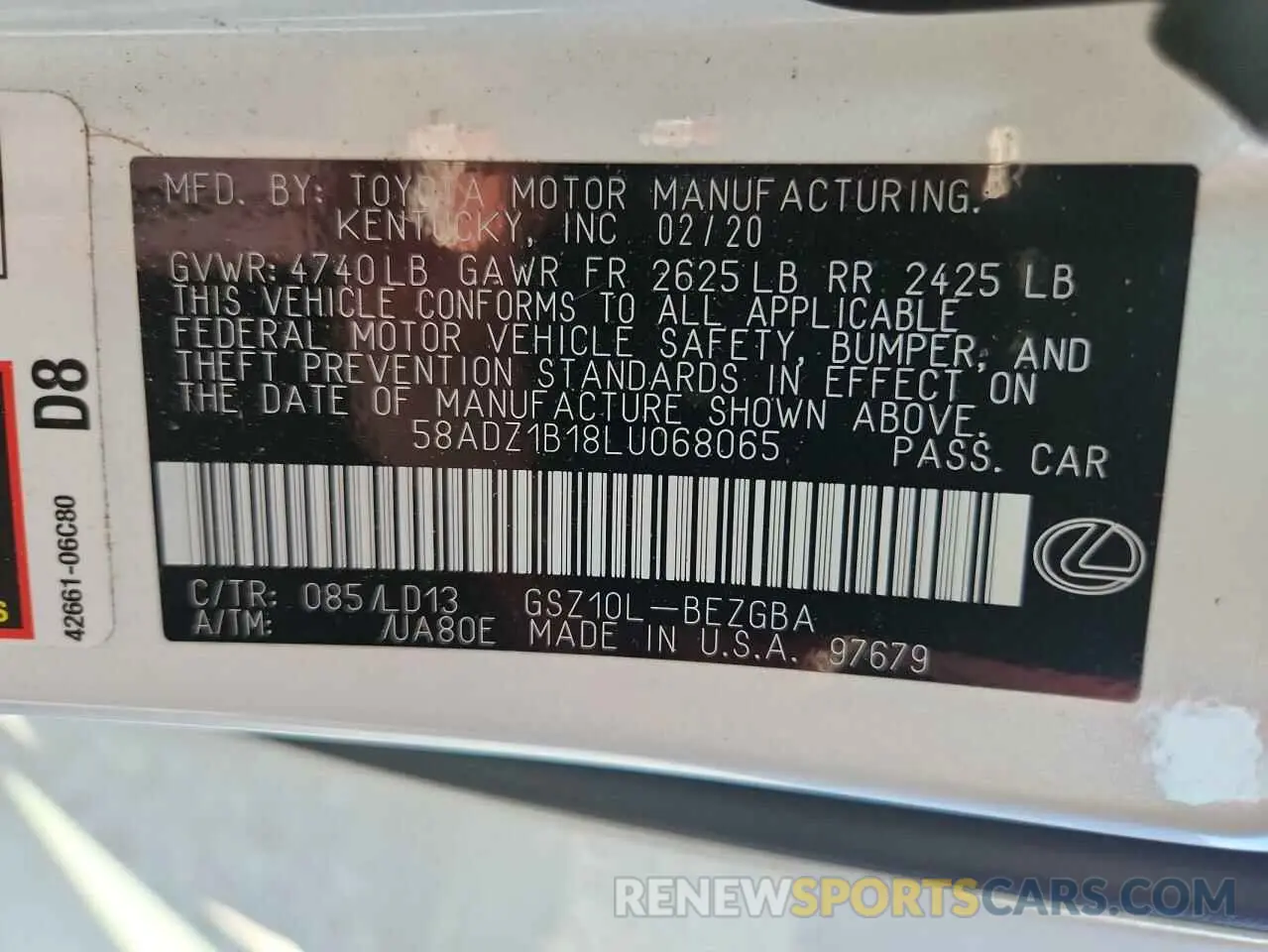 13 Photograph of a damaged car 58ADZ1B18LU068065 LEXUS ES350 2020