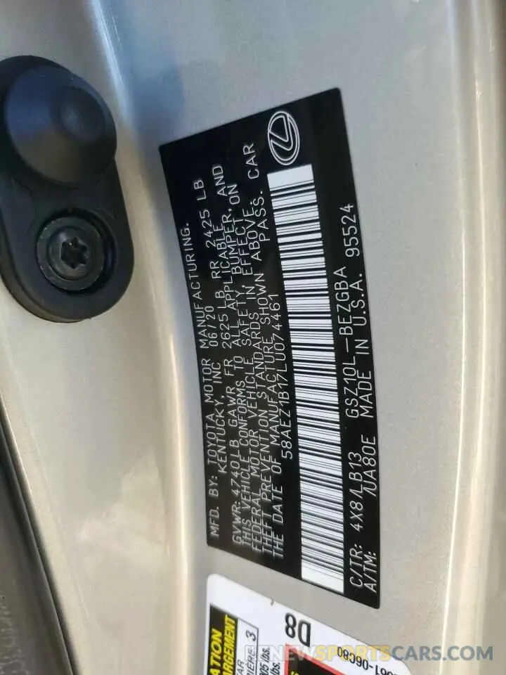 12 Photograph of a damaged car 58AEZ1B17LU074461 LEXUS ES350 2020