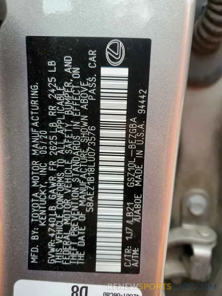 12 Photograph of a damaged car 58AEZ1B18LU073576 LEXUS ES350 2020