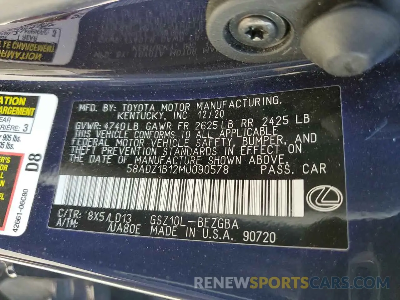 12 Photograph of a damaged car 58ADZ1B12MU090578 LEXUS ES350 2021