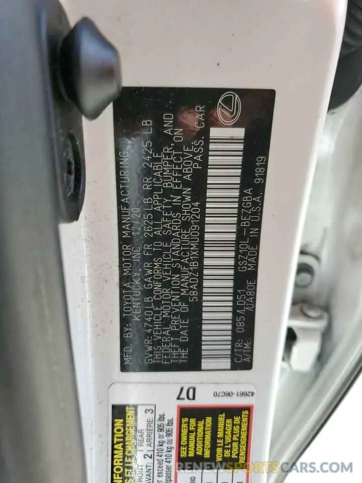 12 Photograph of a damaged car 58ADZ1B1XMU091204 LEXUS ES350 2021