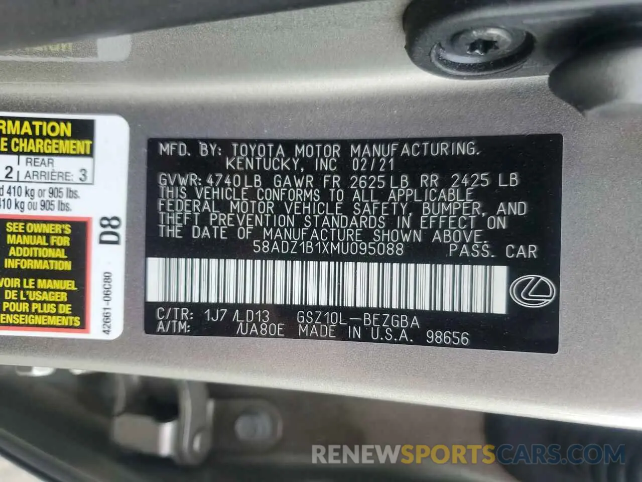 12 Photograph of a damaged car 58ADZ1B1XMU095088 LEXUS ES350 2021