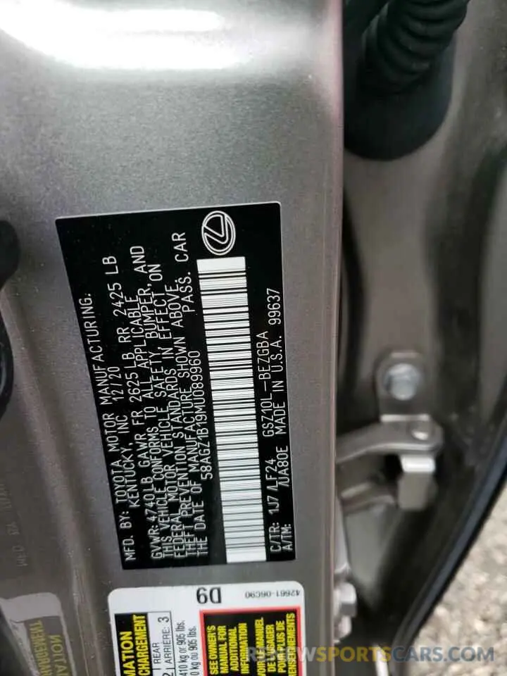 10 Photograph of a damaged car 58AGZ1B19MU089960 LEXUS ES350 2021
