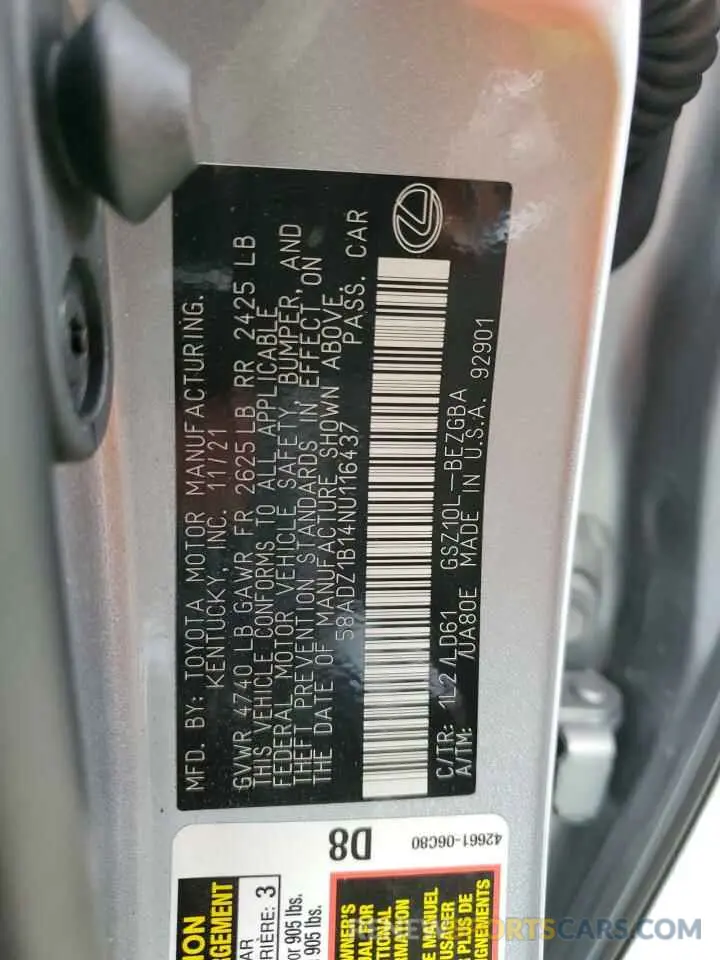 13 Photograph of a damaged car 58ADZ1B14NU116437 LEXUS ES350 2022