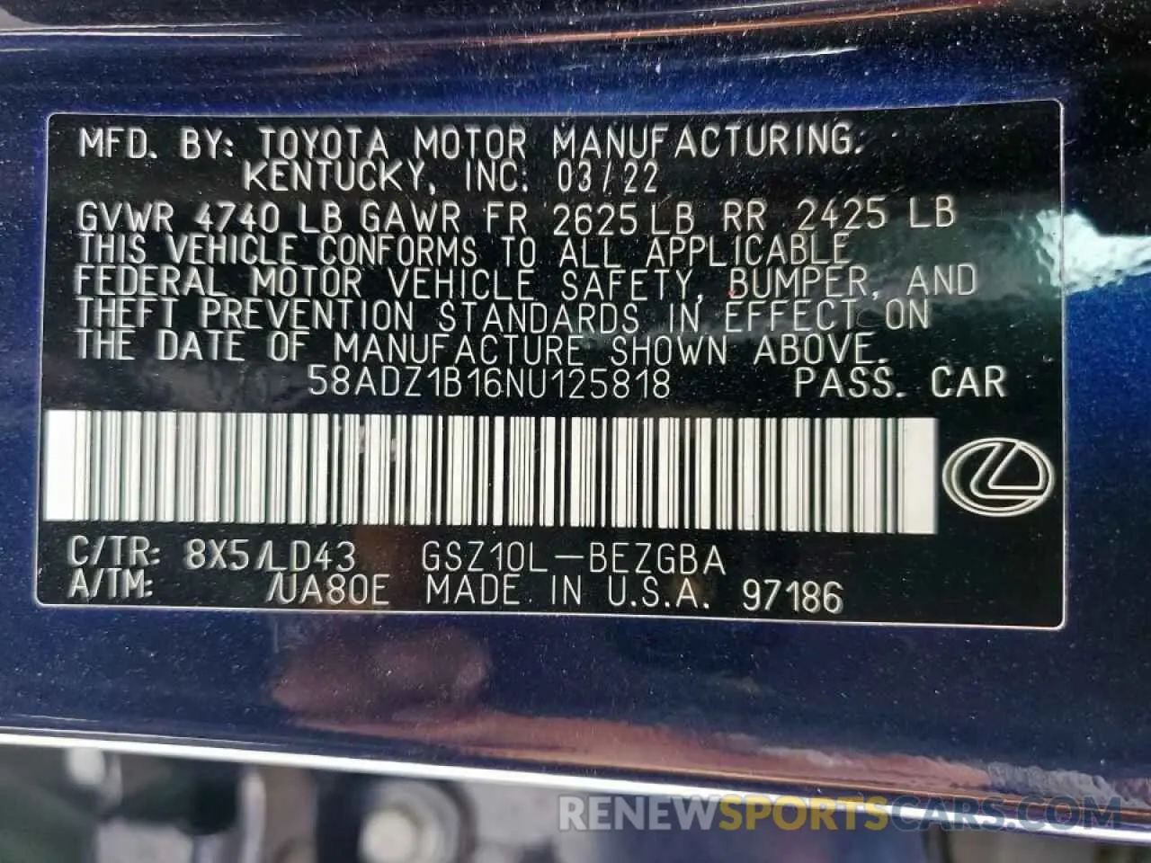 13 Photograph of a damaged car 58ADZ1B16NU125818 LEXUS ES350 2022