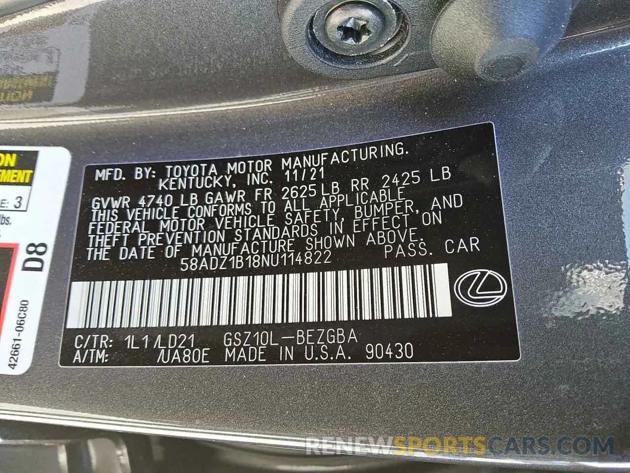 12 Photograph of a damaged car 58ADZ1B18NU114822 LEXUS ES350 2022