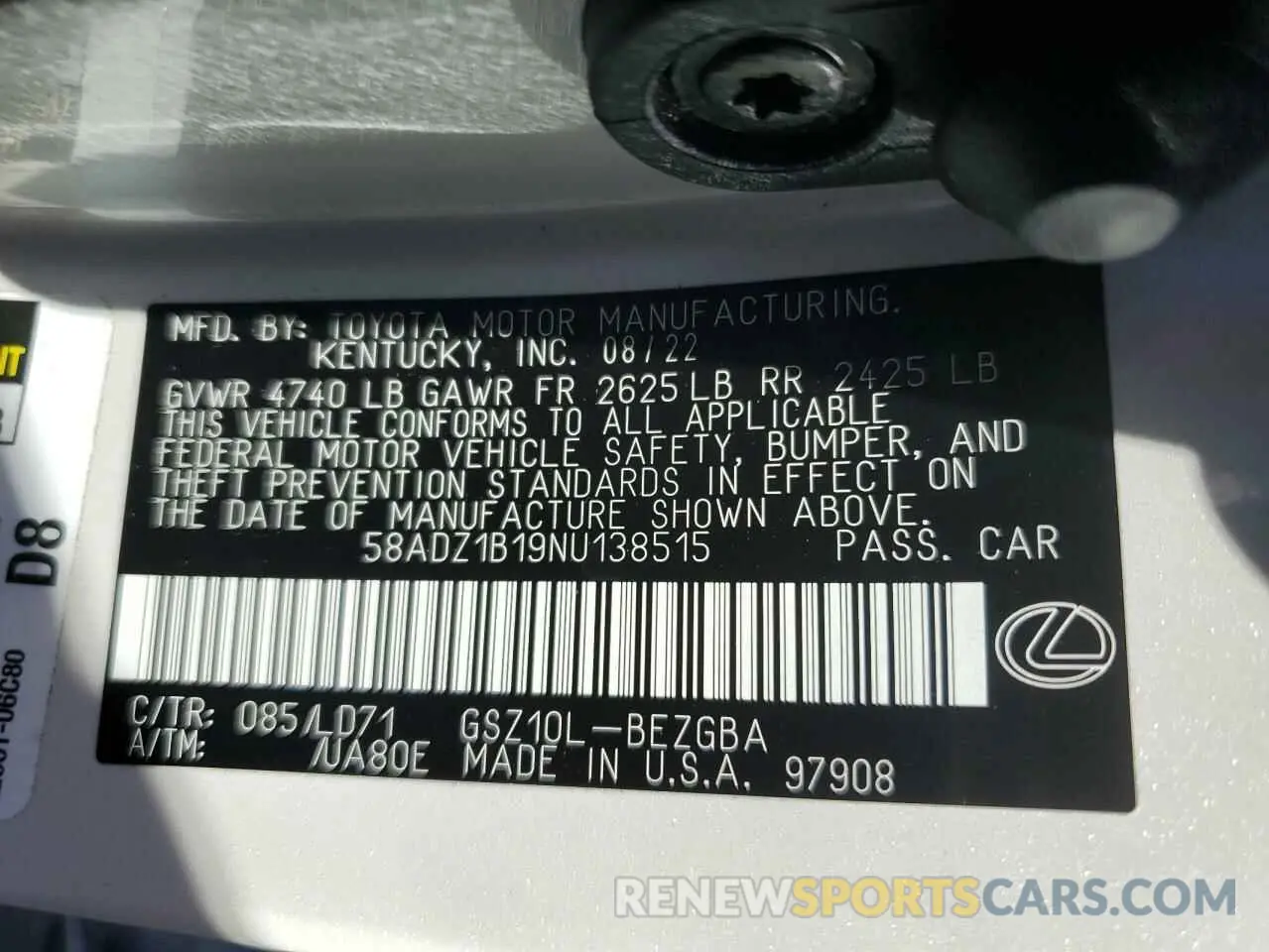 13 Photograph of a damaged car 58ADZ1B19NU138515 LEXUS ES350 2022