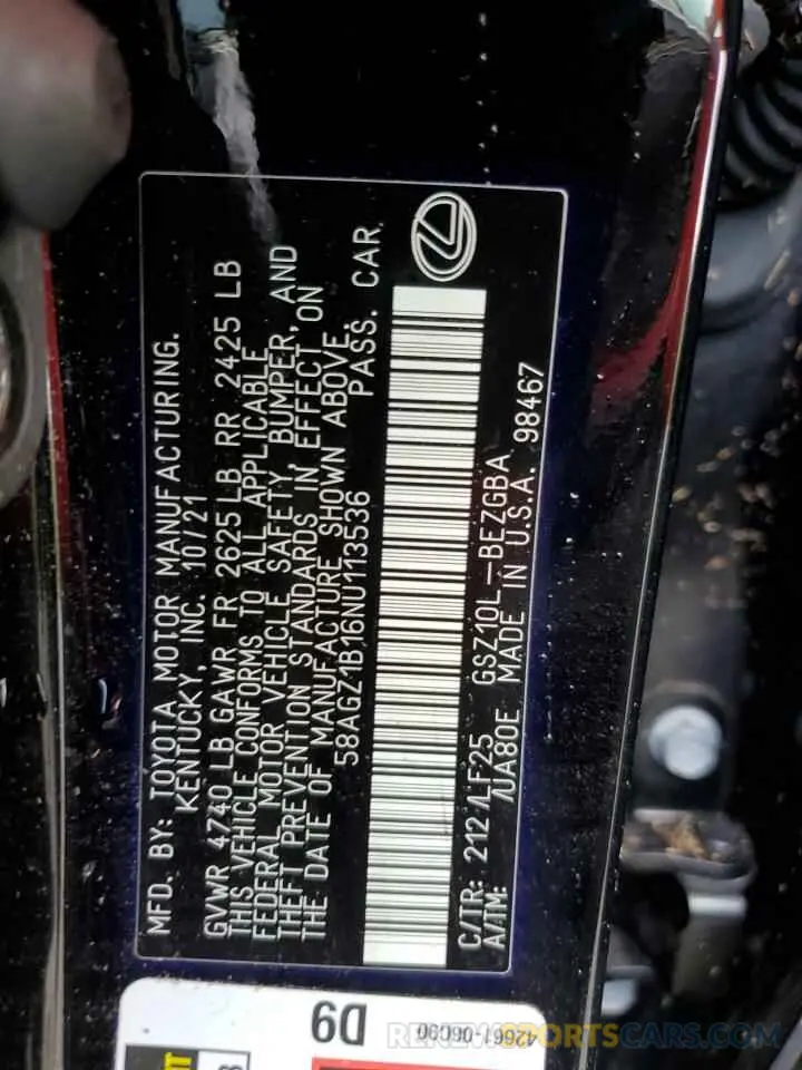 13 Photograph of a damaged car 58AGZ1B16NU113536 LEXUS ES350 2022