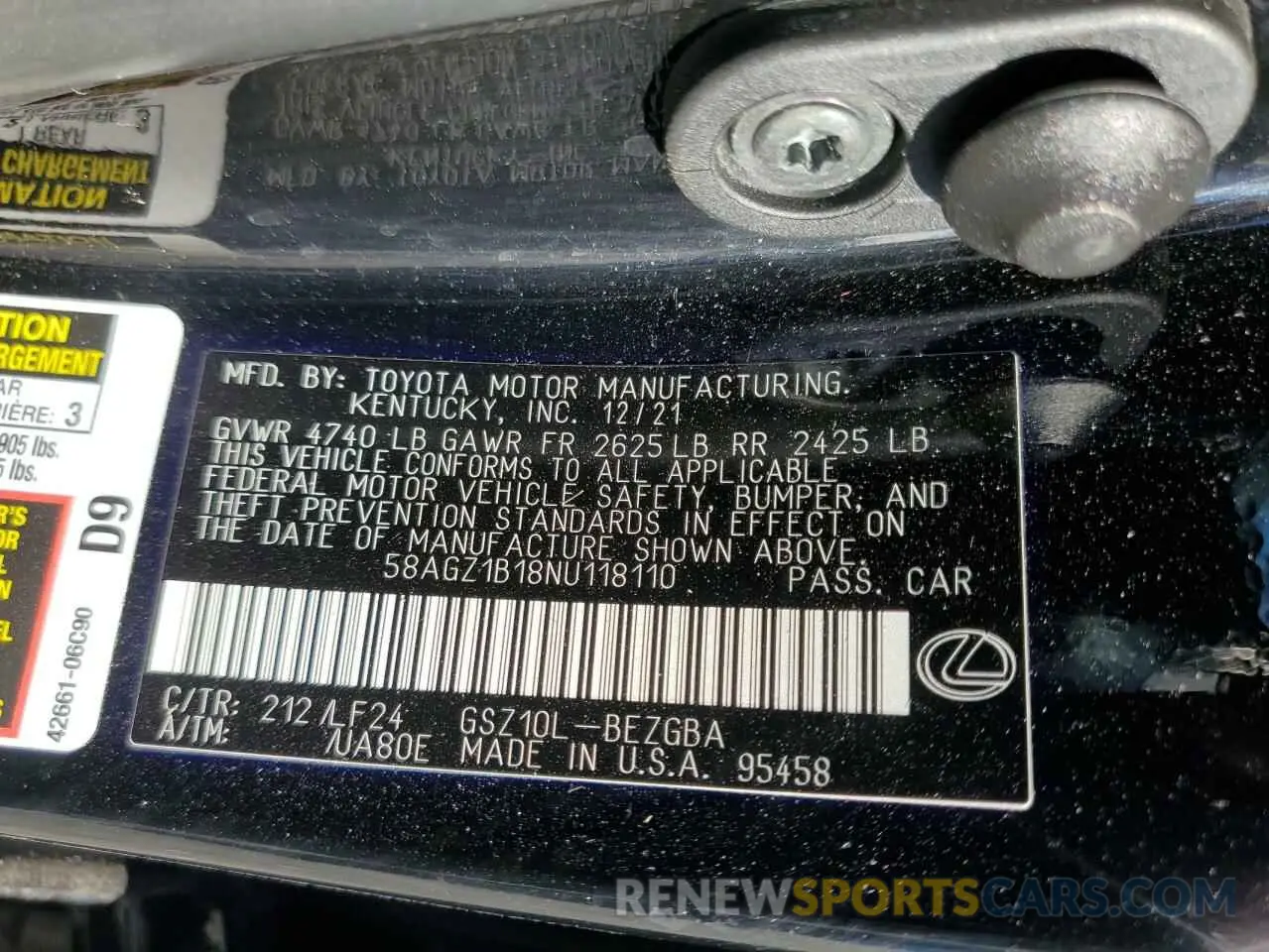 12 Photograph of a damaged car 58AGZ1B18NU118110 LEXUS ES350 2022