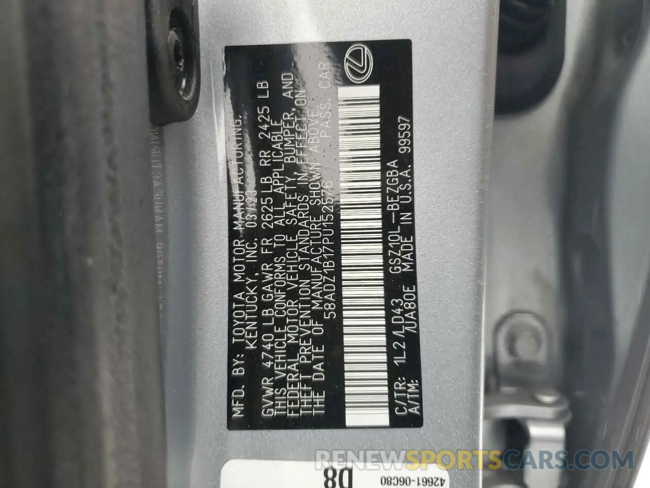 14 Photograph of a damaged car 58ADZ1B17PU152576 LEXUS ES350 2023