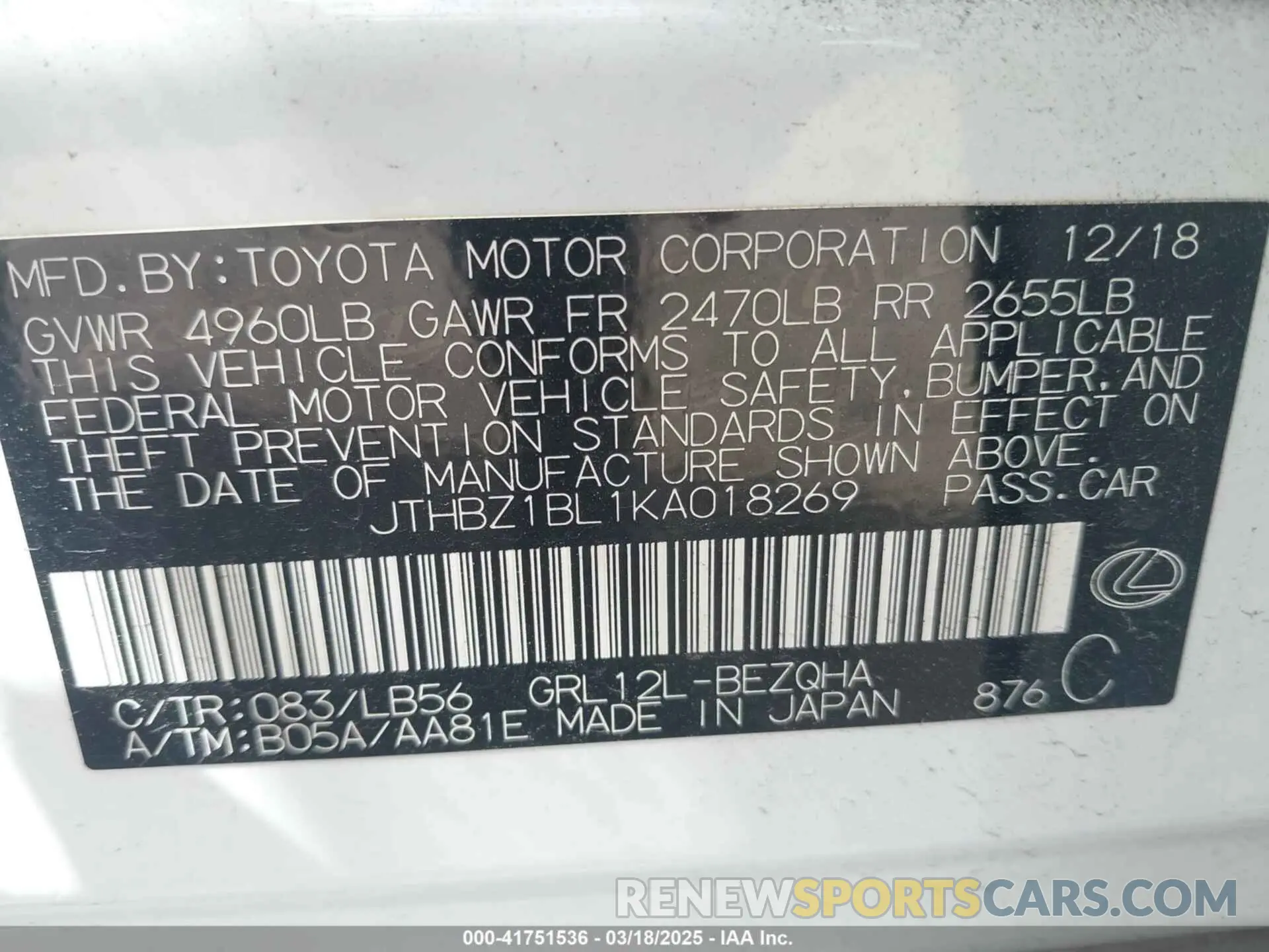 9 Photograph of a damaged car JTHBZ1BL1KA018269 LEXUS GS 2019
