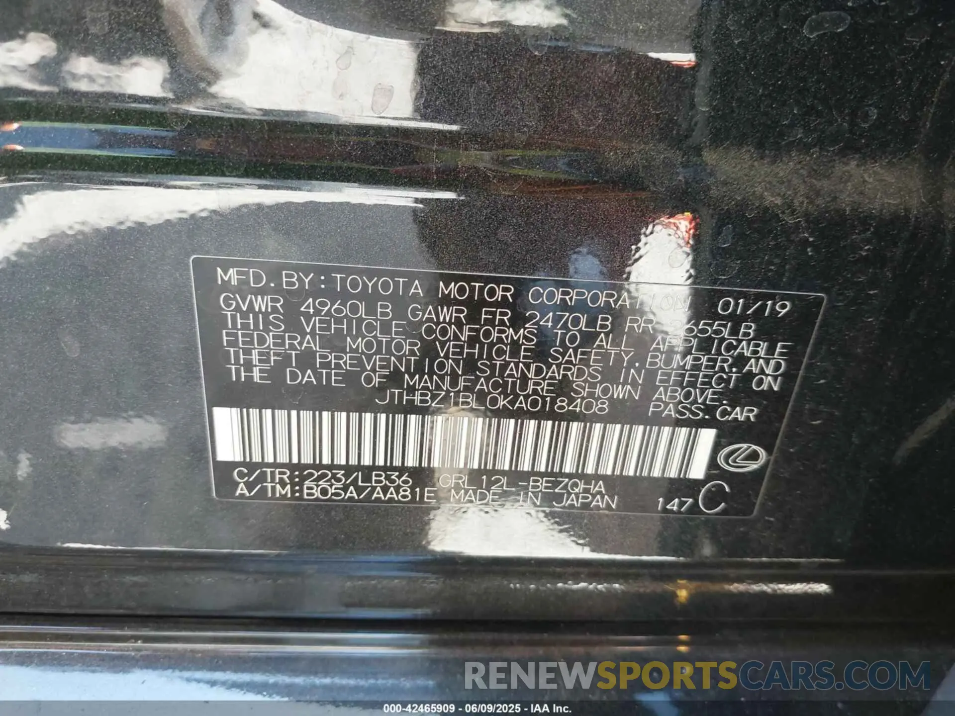 9 Photograph of a damaged car JTHBZ1BL0KA018408 LEXUS GS 350 2019