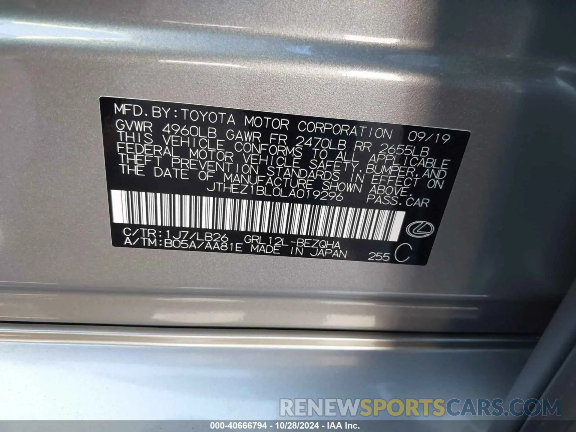 9 Photograph of a damaged car JTHEZ1BL0LA019296 LEXUS GS 350 2020