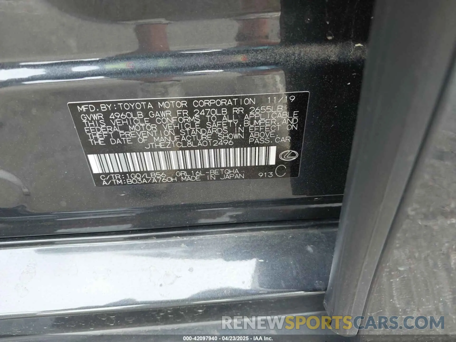 9 Photograph of a damaged car JTHEZ1CL8LA012496 LEXUS GS 350 2020