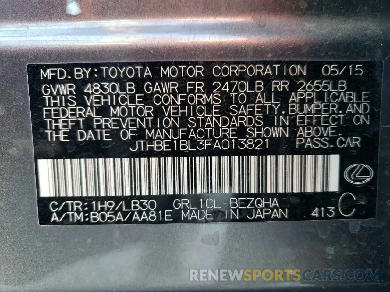 12 Photograph of a damaged car JTHBE1BL3FA013821 LEXUS GS350 2015