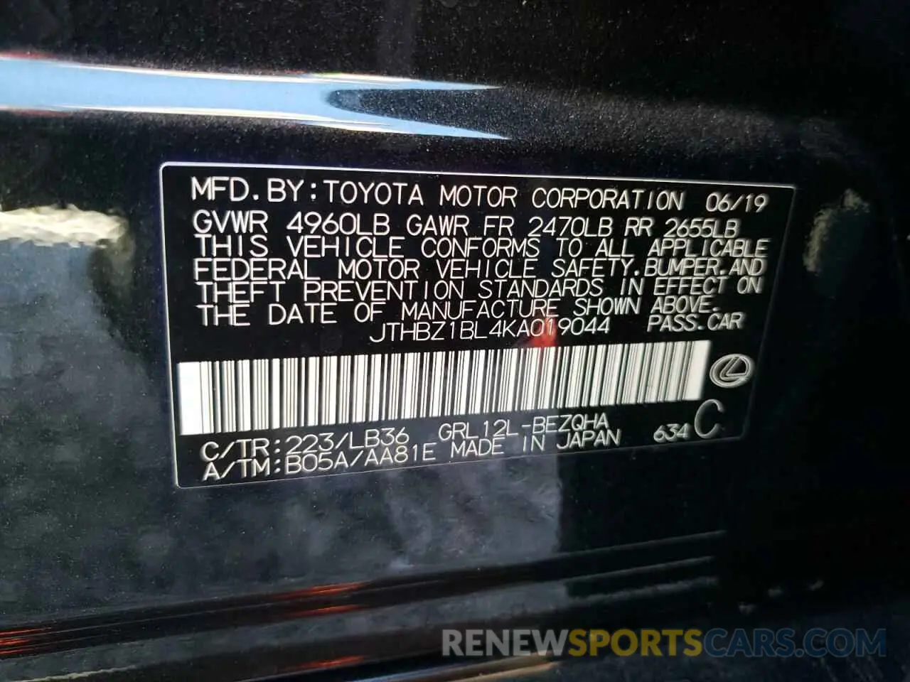 10 Photograph of a damaged car JTHBZ1BL4KA019044 LEXUS GS350 2019