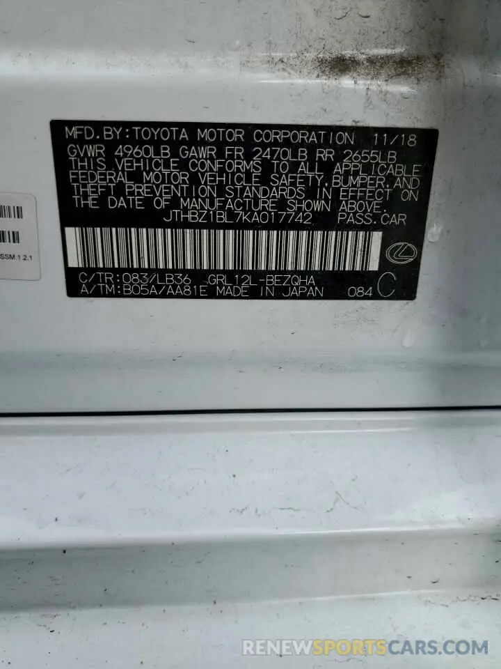 12 Photograph of a damaged car JTHBZ1BL7KA017742 LEXUS GS350 2019