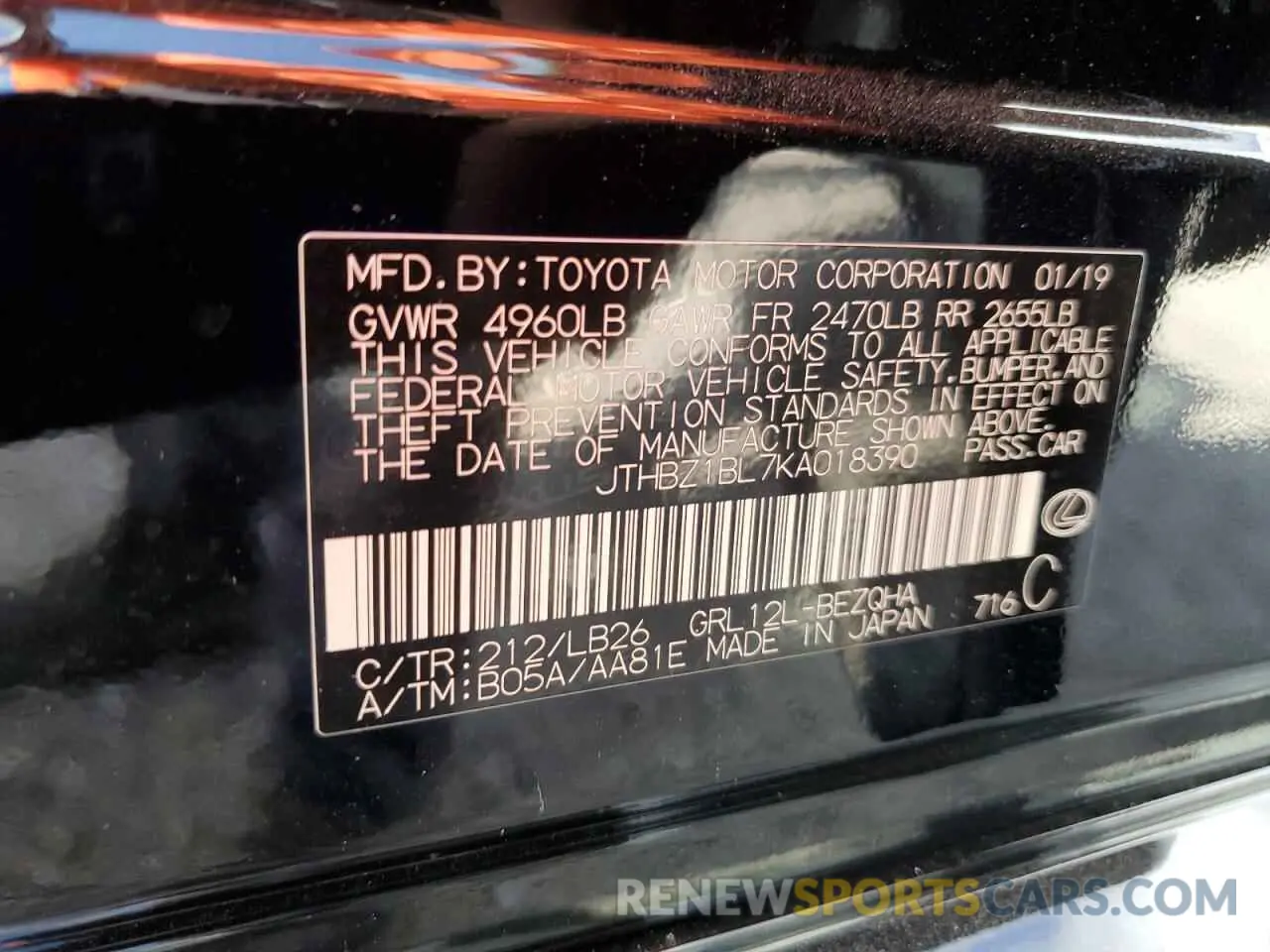 12 Photograph of a damaged car JTHBZ1BL7KA018390 LEXUS GS350 2019