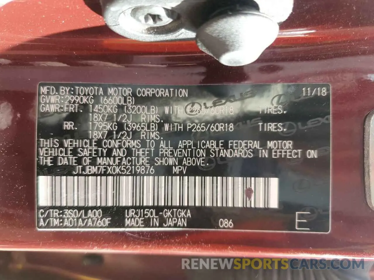 13 Photograph of a damaged car JTJBM7FX0K5219876 LEXUS GX 2019