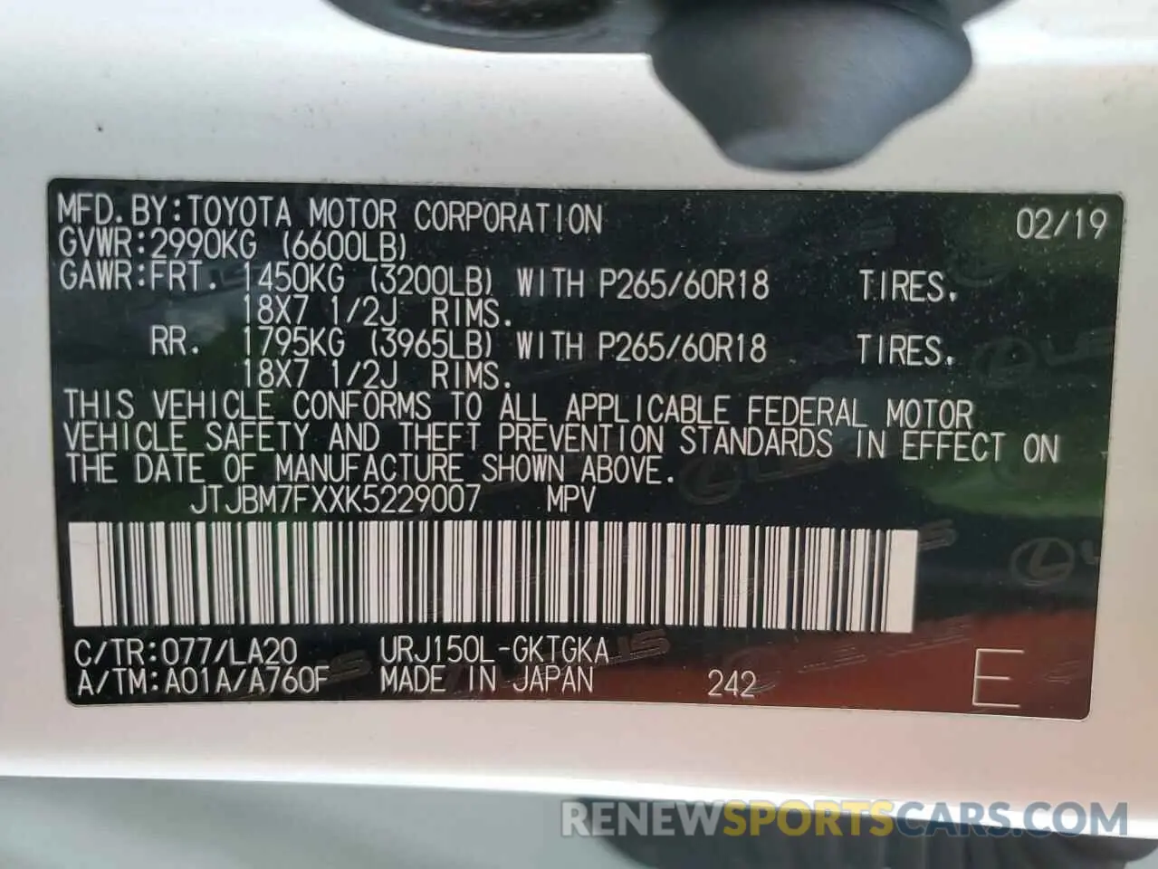 13 Photograph of a damaged car JTJBM7FXXK5229007 LEXUS GX 2019