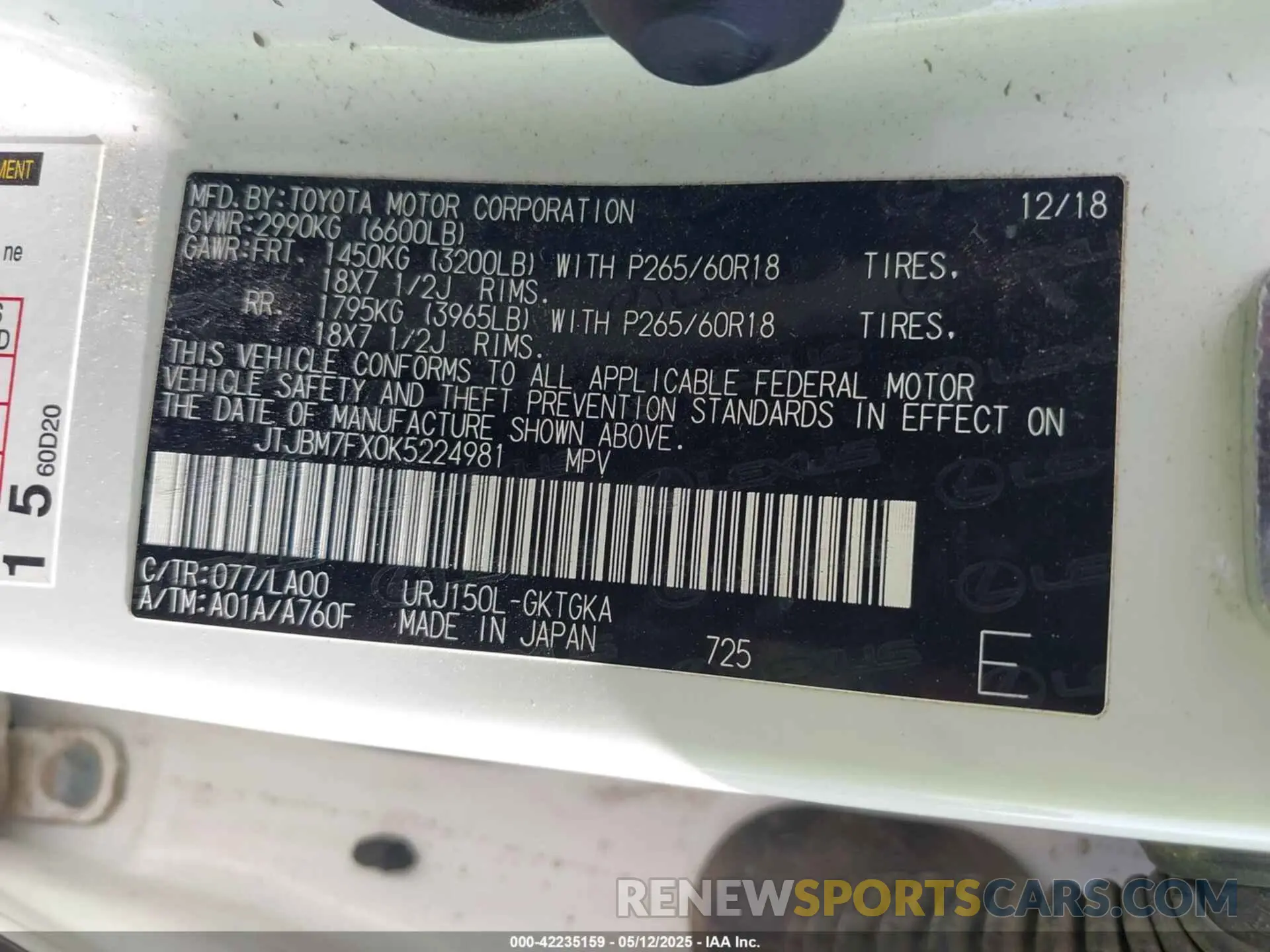 9 Photograph of a damaged car JTJBM7FX0K5224981 LEXUS GX 460 2019