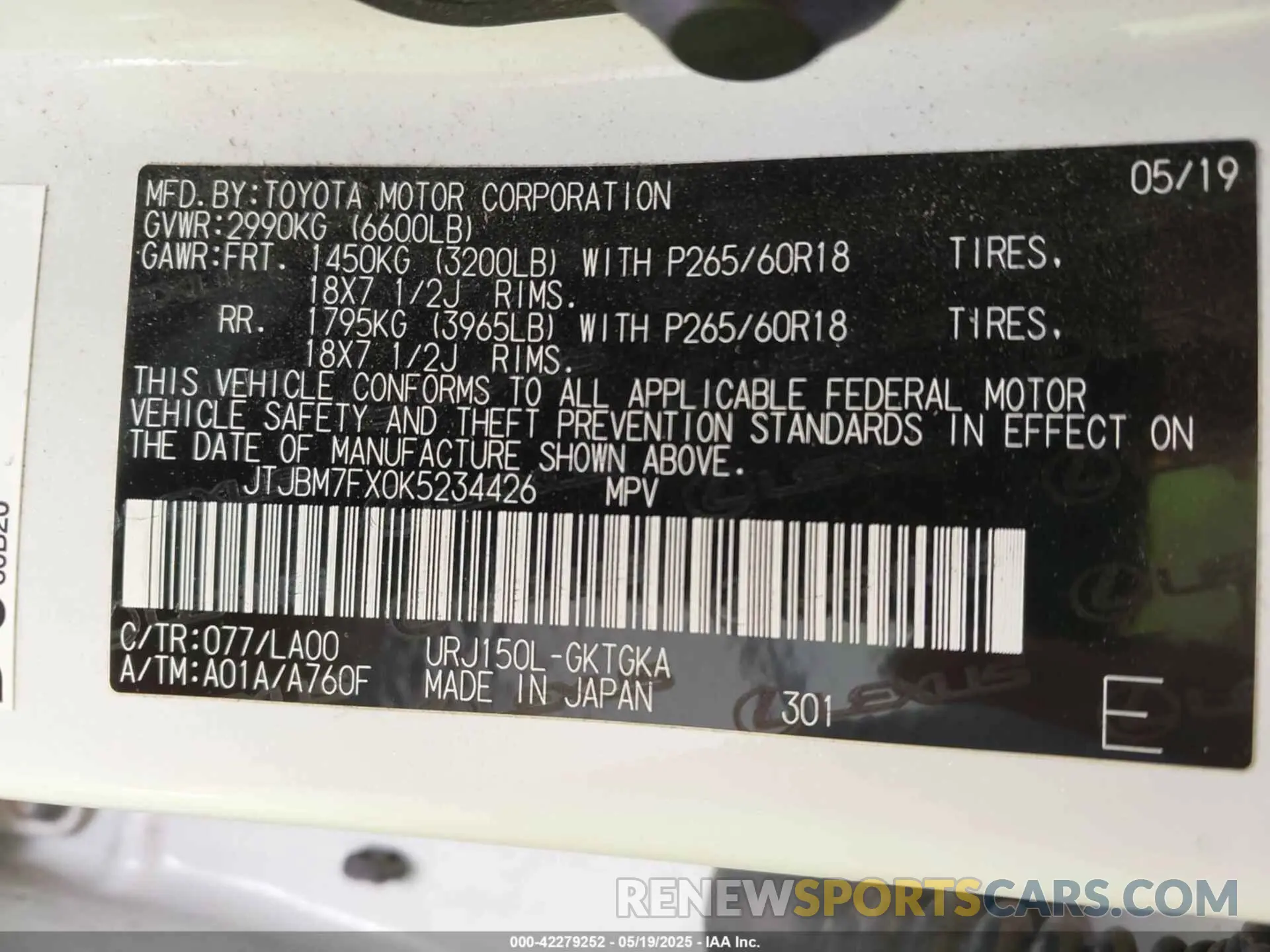 9 Photograph of a damaged car JTJBM7FX0K5234426 LEXUS GX 460 2019