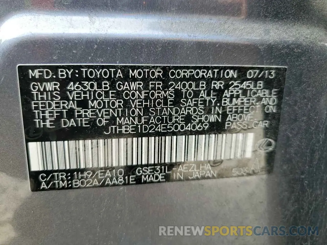 13 Photograph of a damaged car JTHBE1D24E5004069 LEXUS IS 2014
