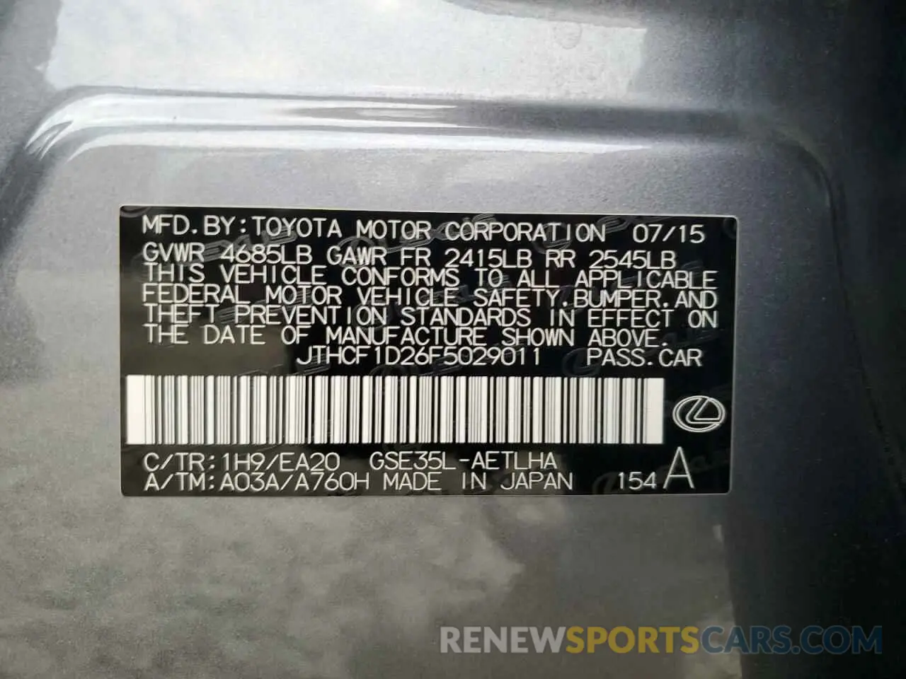 12 Photograph of a damaged car JTHCF1D26F5029011 LEXUS IS 2015