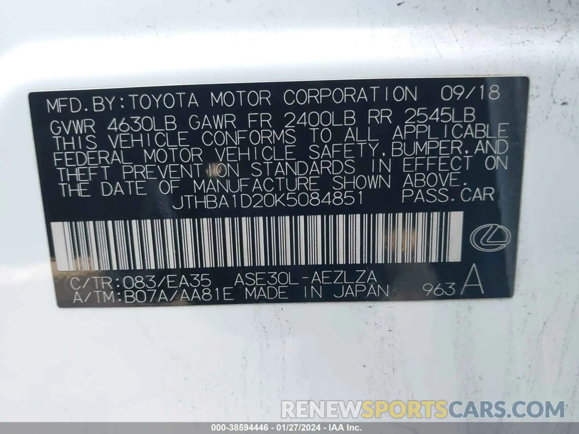 9 Photograph of a damaged car JTHBA1D20K5084851 LEXUS IS 2019