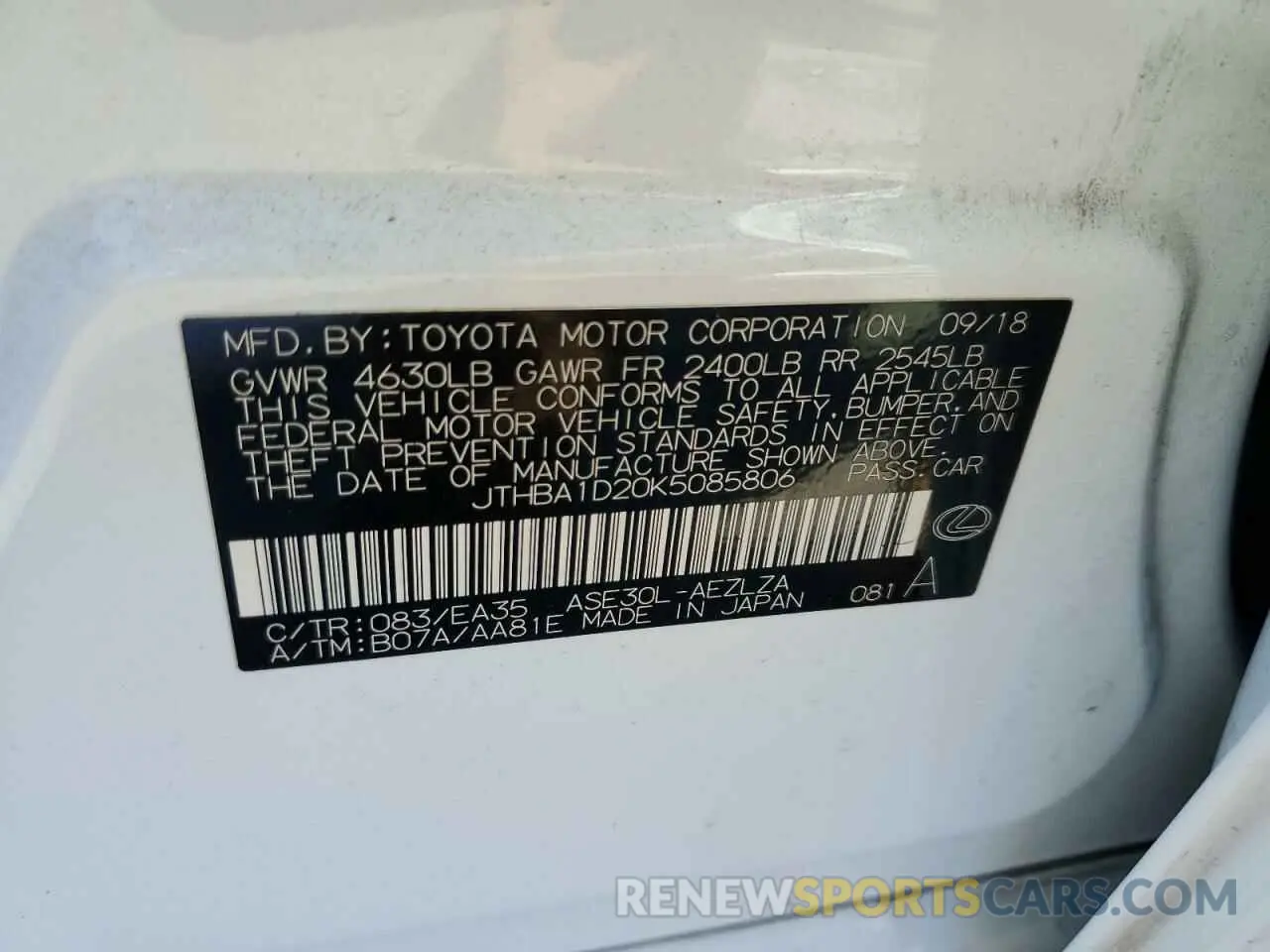 12 Photograph of a damaged car JTHBA1D20K5085806 LEXUS IS 2019