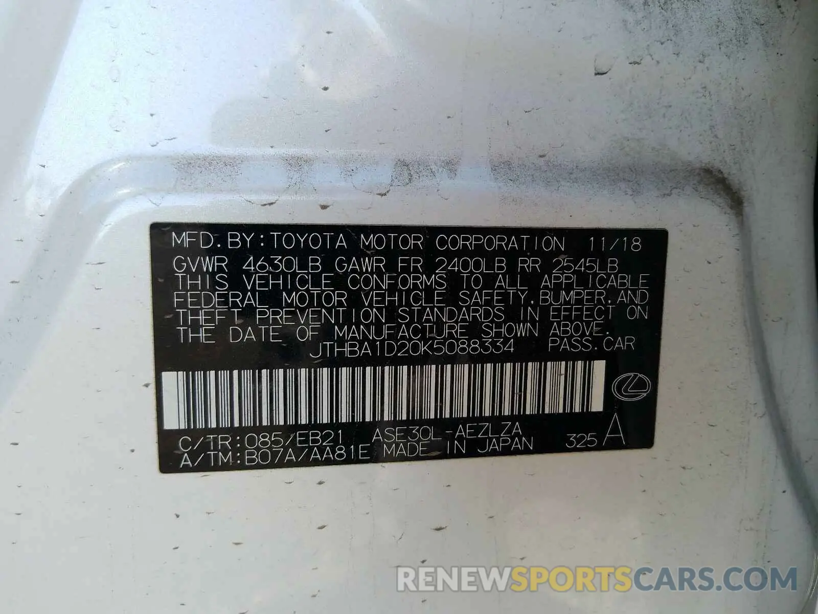 10 Photograph of a damaged car JTHBA1D20K5088334 LEXUS IS 2019