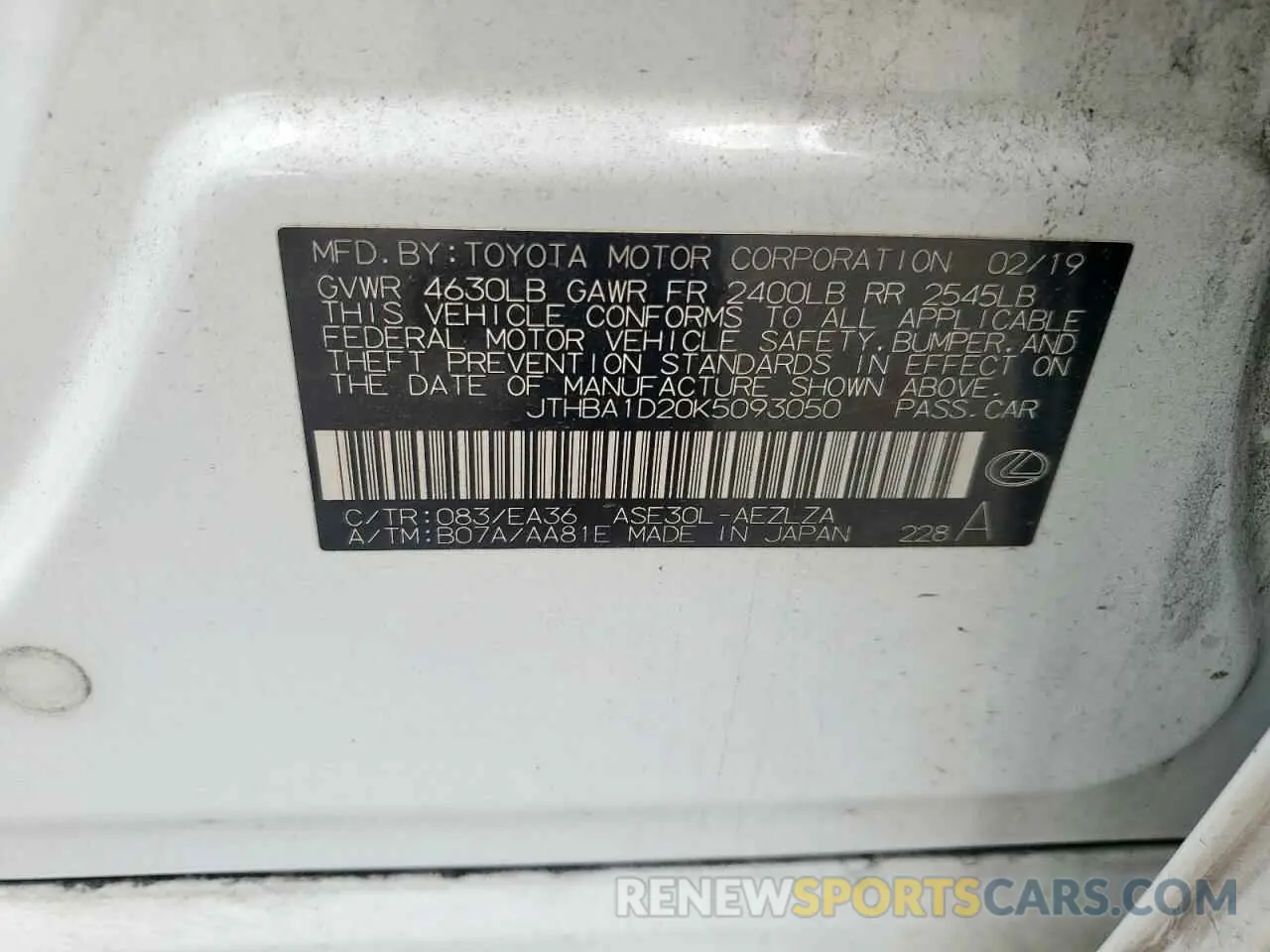 12 Photograph of a damaged car JTHBA1D20K5093050 LEXUS IS 2019