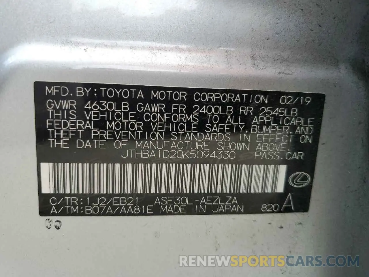 12 Photograph of a damaged car JTHBA1D20K5094330 LEXUS IS 2019