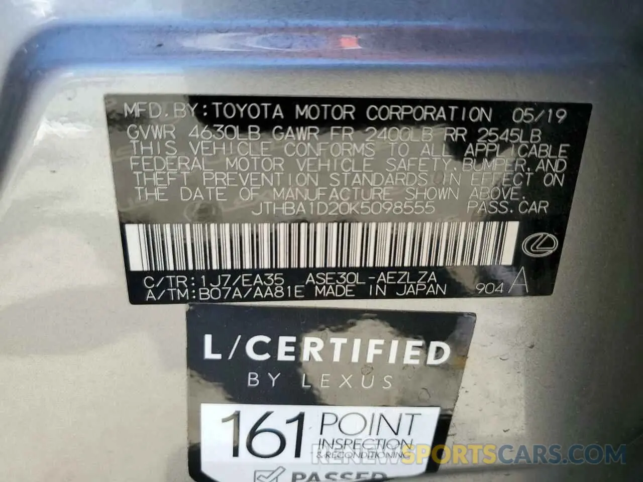 12 Photograph of a damaged car JTHBA1D20K5098555 LEXUS IS 2019