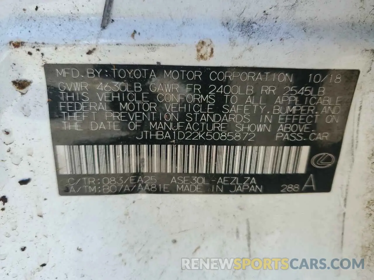 12 Photograph of a damaged car JTHBA1D22K5085872 LEXUS IS 2019
