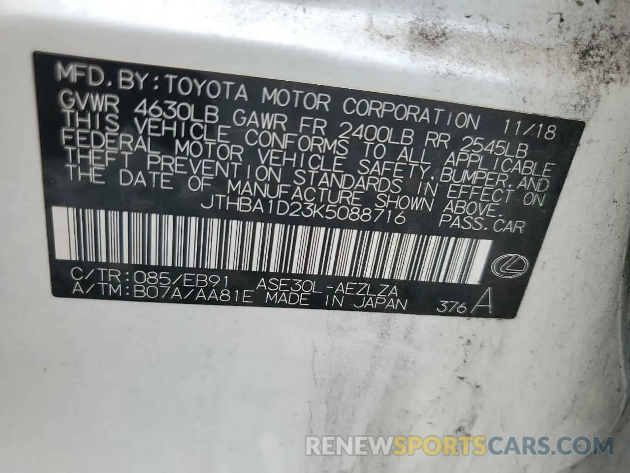 12 Photograph of a damaged car JTHBA1D23K5088716 LEXUS IS 2019