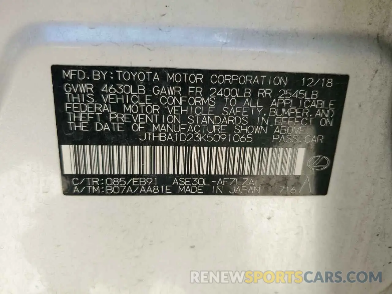 12 Photograph of a damaged car JTHBA1D23K5091065 LEXUS IS 2019