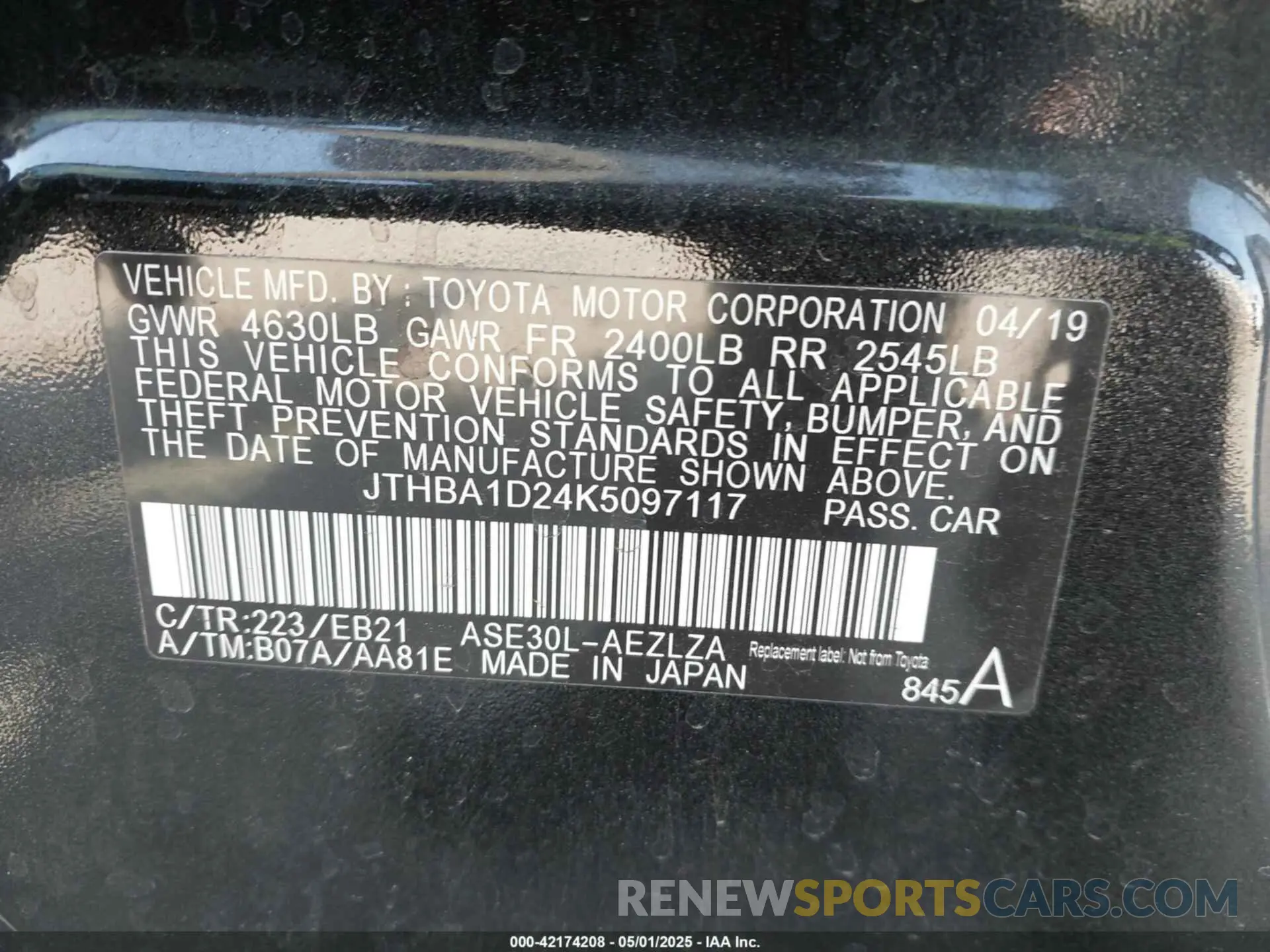 9 Photograph of a damaged car JTHBA1D24K5097117 LEXUS IS 2019