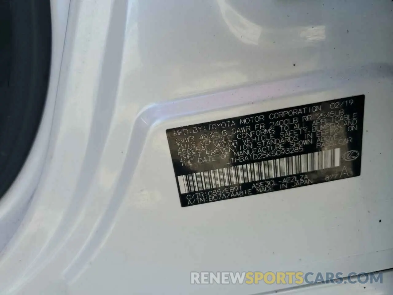 13 Photograph of a damaged car JTHBA1D25K5093285 LEXUS IS 2019