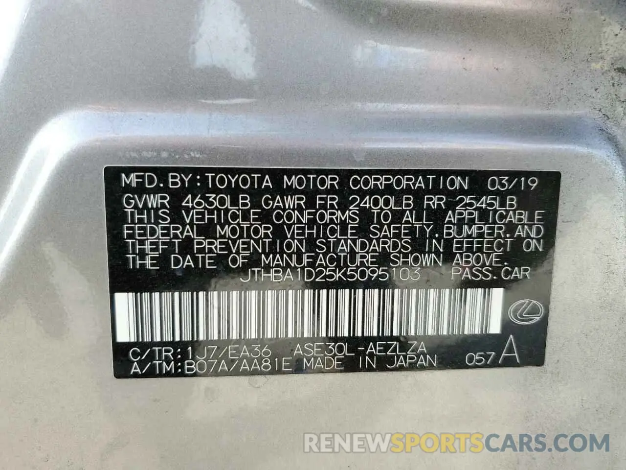 12 Photograph of a damaged car JTHBA1D25K5095103 LEXUS IS 2019