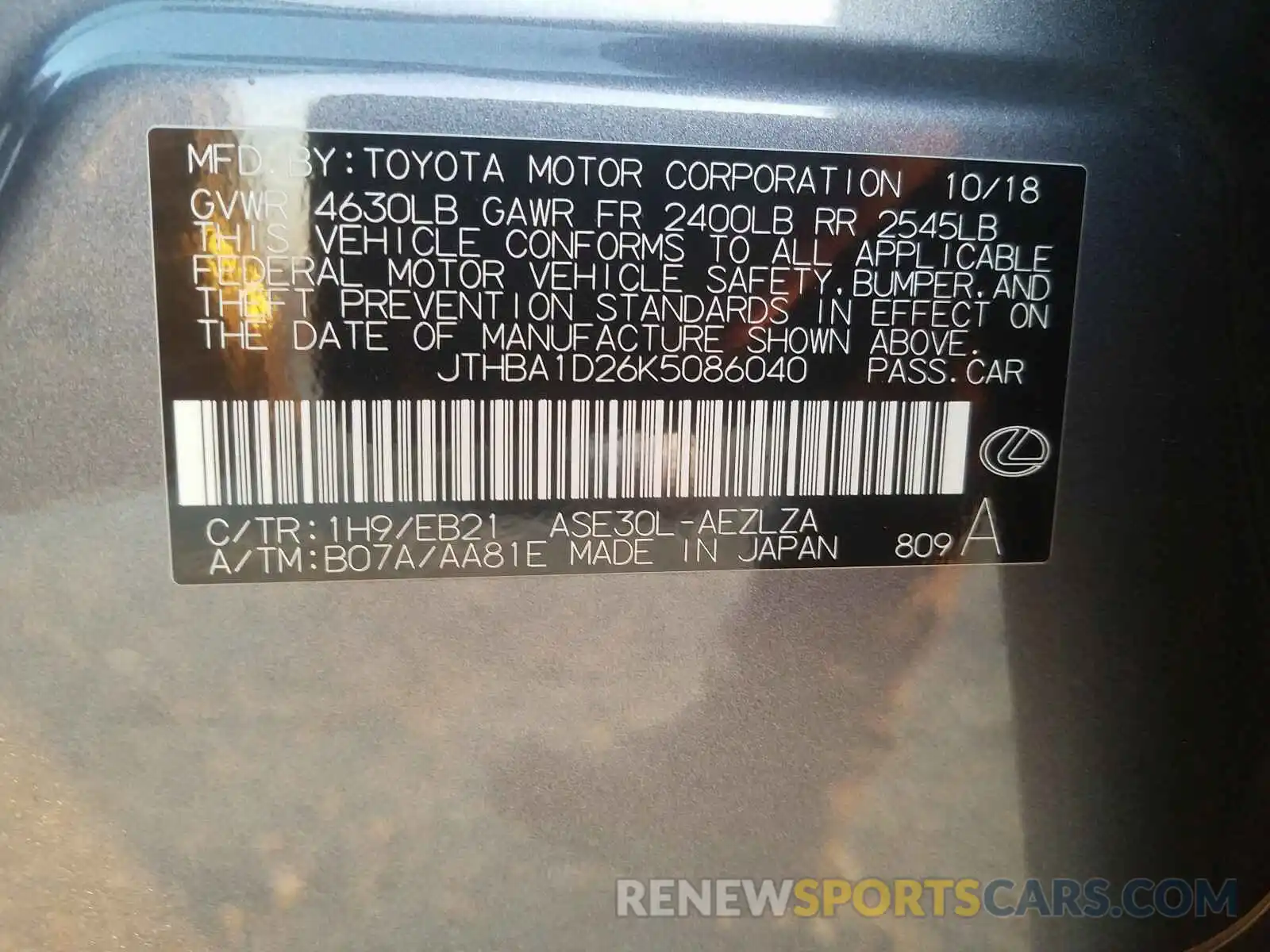 10 Photograph of a damaged car JTHBA1D26K5086040 LEXUS IS 2019