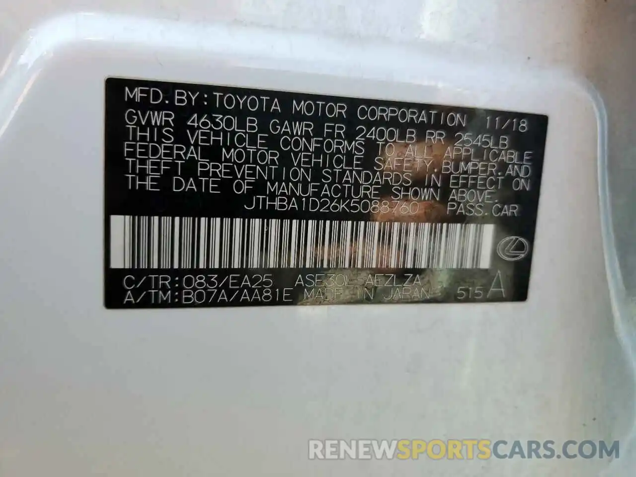 10 Photograph of a damaged car JTHBA1D26K5088760 LEXUS IS 2019