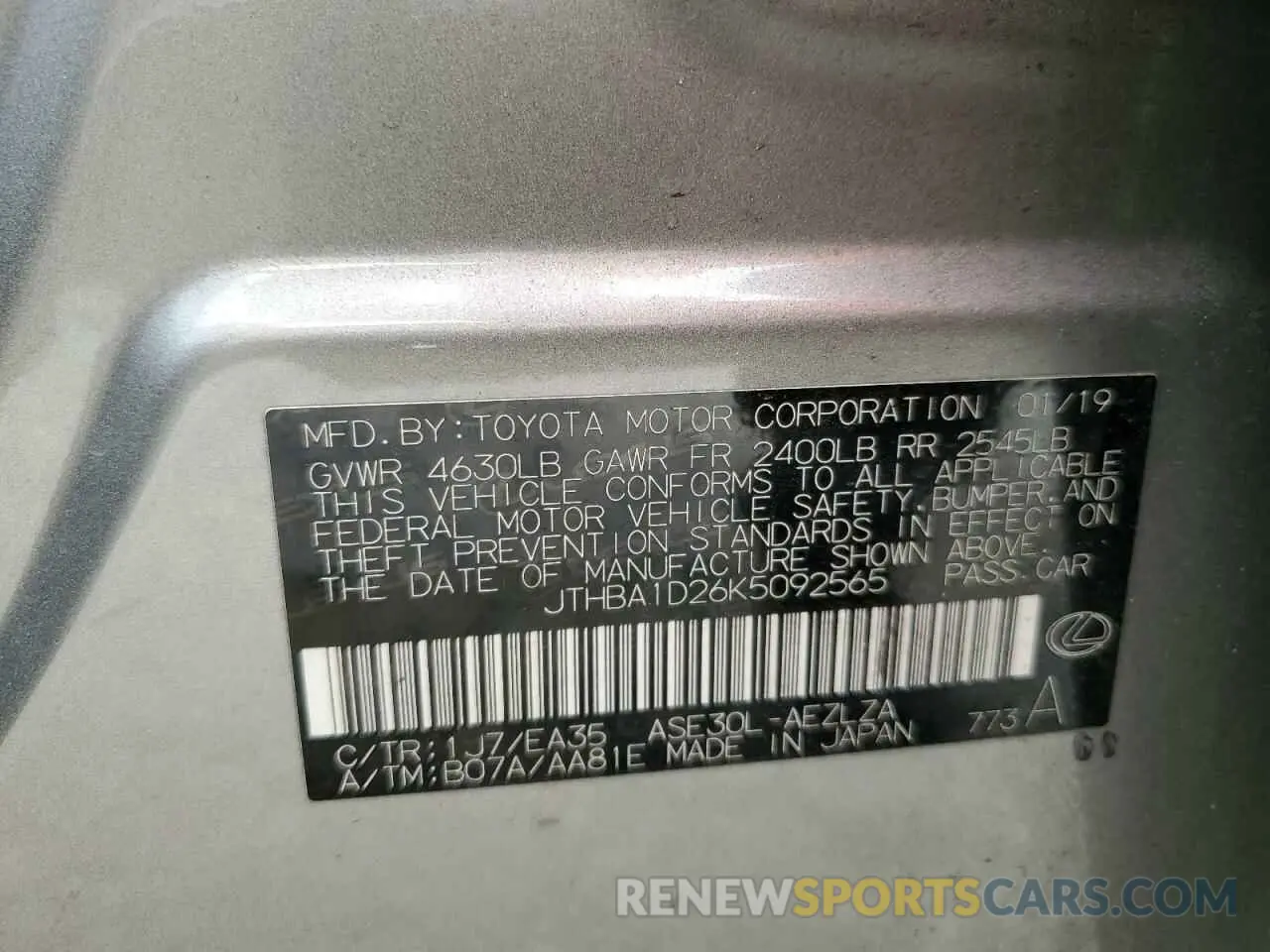12 Photograph of a damaged car JTHBA1D26K5092565 LEXUS IS 2019