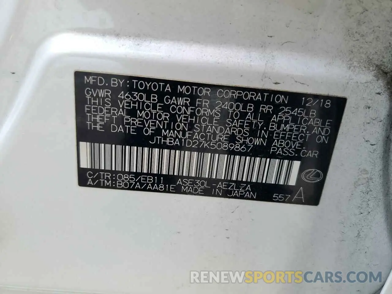 12 Photograph of a damaged car JTHBA1D27K5089867 LEXUS IS 2019