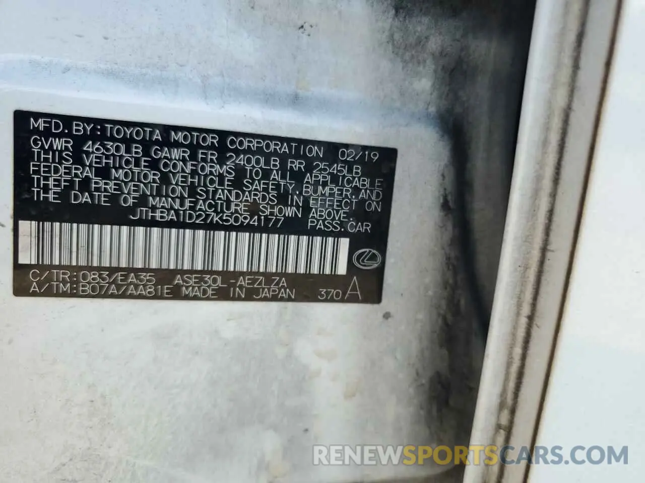 12 Photograph of a damaged car JTHBA1D27K5094177 LEXUS IS 2019