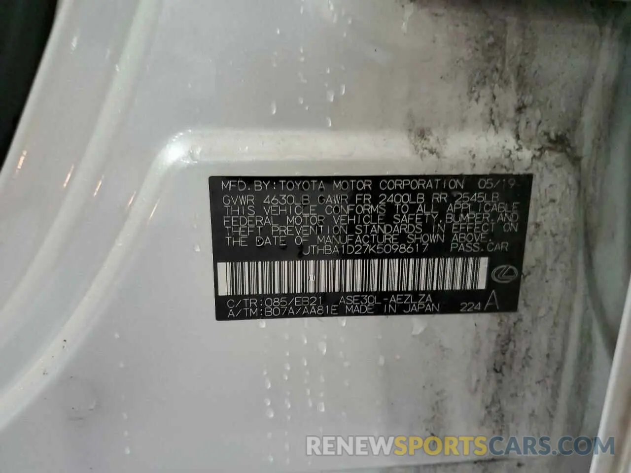 12 Photograph of a damaged car JTHBA1D27K5098617 LEXUS IS 2019