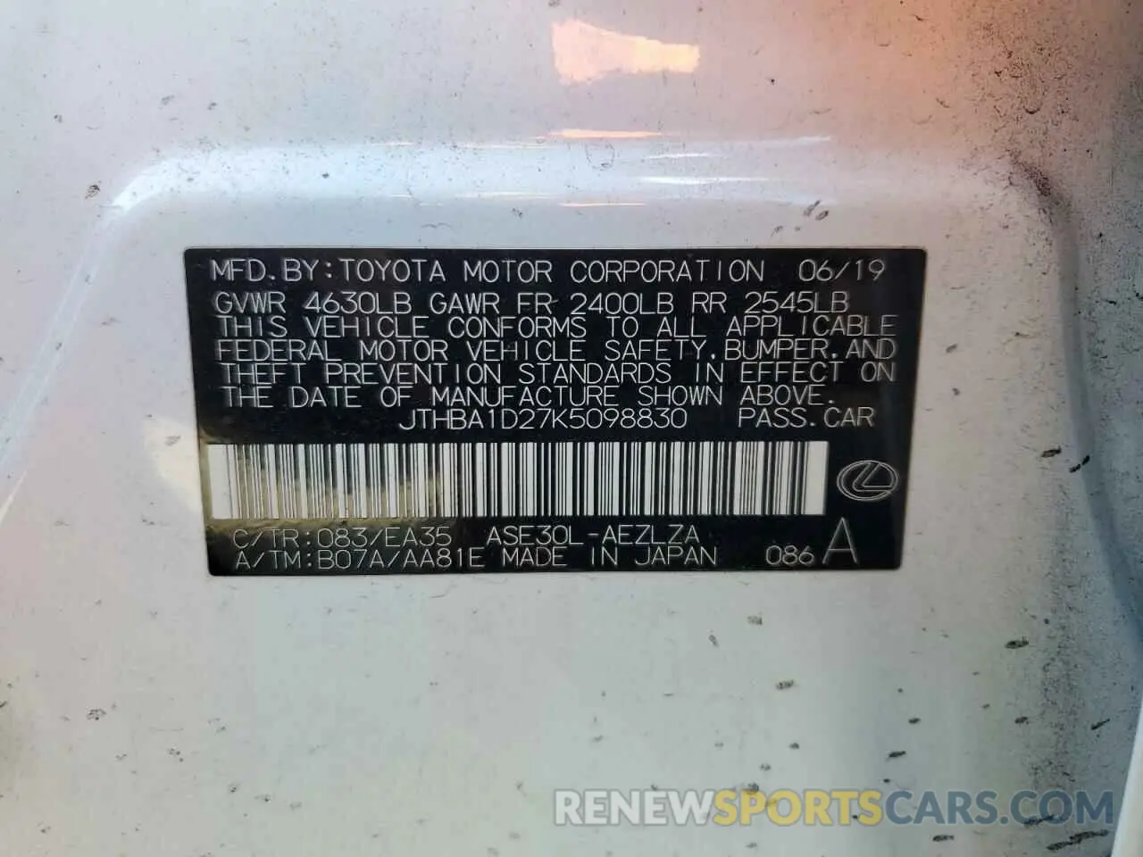 12 Photograph of a damaged car JTHBA1D27K5098830 LEXUS IS 2019