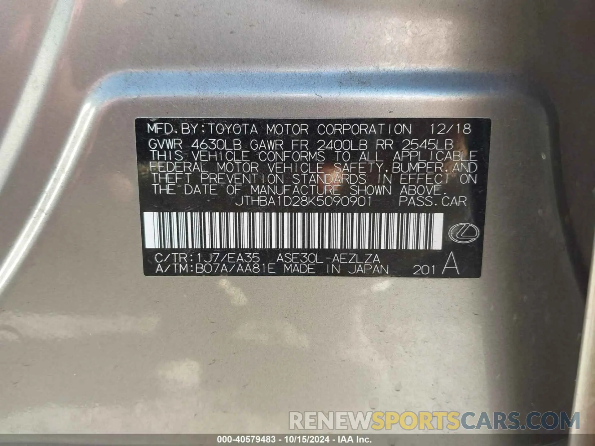 9 Photograph of a damaged car JTHBA1D28K5090901 LEXUS IS 2019