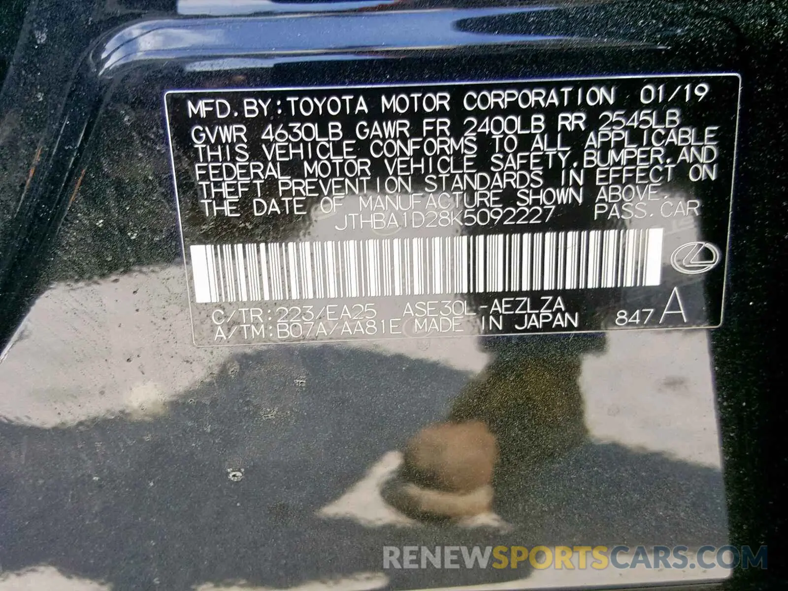 10 Photograph of a damaged car JTHBA1D28K5092227 LEXUS IS 2019