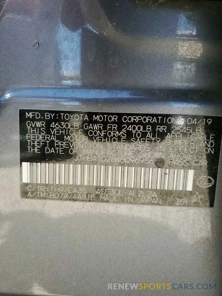 12 Photograph of a damaged car JTHBA1D28K5096956 LEXUS IS 2019
